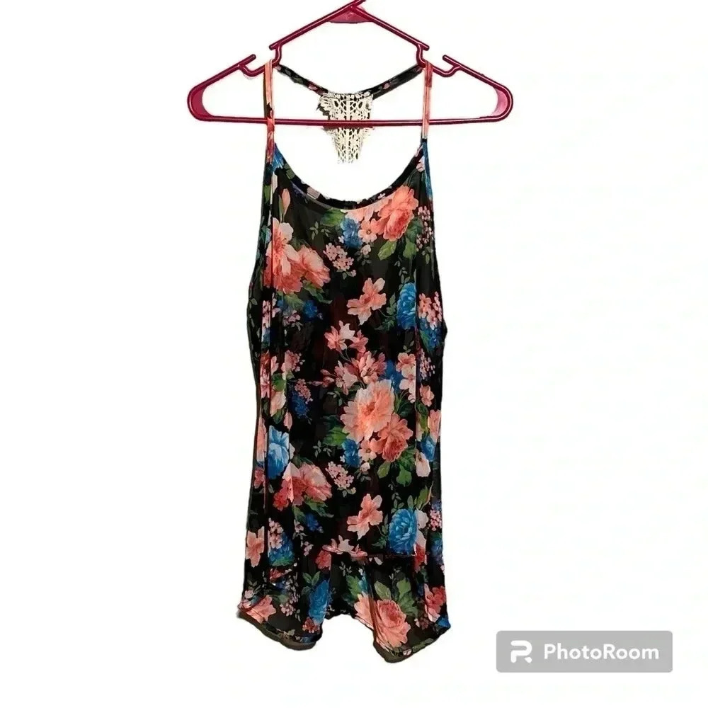 NOBLE U Floral Sheer Lace Back Racerback Tank Top Women’s Size Medium M